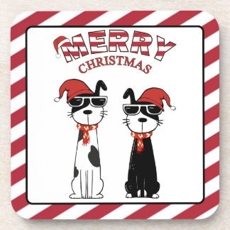 クールな犬のストライプ柄のメリークリスマス コースター