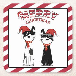 クールな犬のストライプ柄のメリークリスマス スクエアペーパーコースター