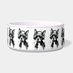 クールな犬のヘッドホン かわいいペット ブラック&ホワイトインク ボウル
