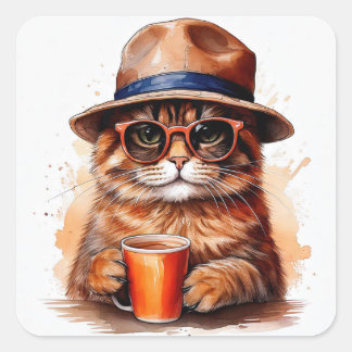 クールな猫がコーヒーを飲むスクエアステッカー スクエアシール
