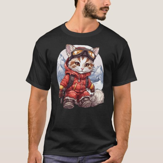クールな猫のスキーウィンター・マウンテン・トリップ・サンタ・コスチューム Tシャツ (正面)