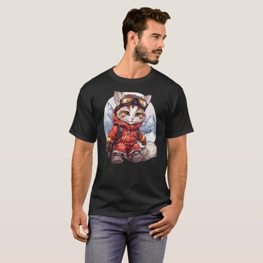 クールな猫のスキーウィンター・マウンテン・トリップ・サンタ・コスチューム Tシャツ (正面フル)