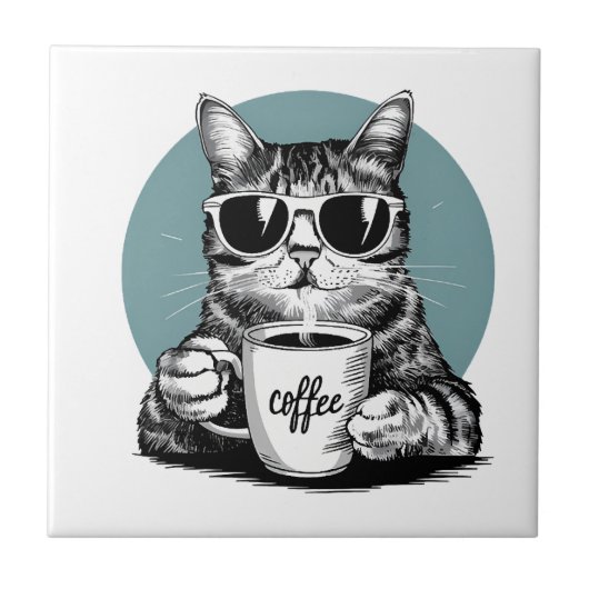 クールな猫の朝 � コーヒー、サングラス、態度 タイル (正面)