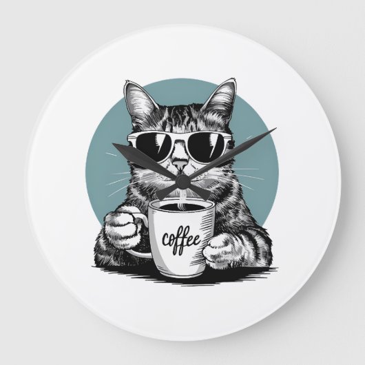 クールな猫の朝 � コーヒー、サングラス、態度 ラージ壁時計 (正面)