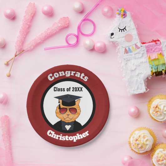 クールな猫の漫画の卒業パーティーのモノグラムの名前 ペーパープレート (パーティー)