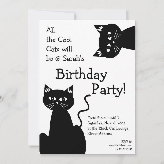 クールな猫の誕生日パーティー - 黒の漫画の猫 招待状 (裏面)