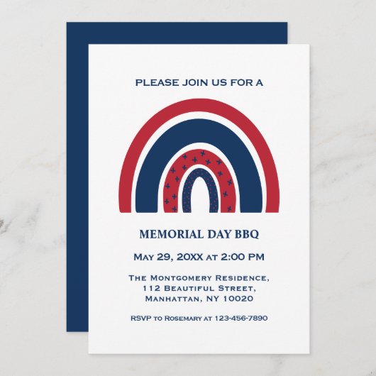 クールな赤白青の虹のメモリアルデーパーティー 招待状 (正面/裏面)