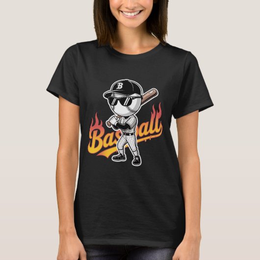 クールな野球マスコットサングラスフレーム炎のテキスト少年 Tシャツ (正面)