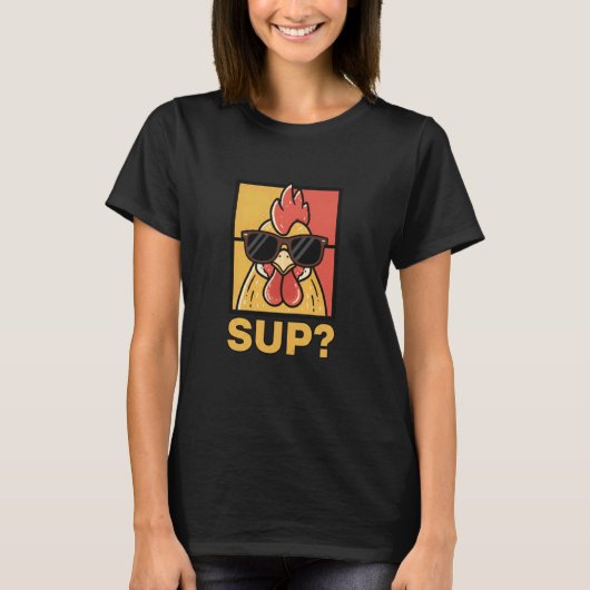 クールな雄鶏がSUPと言うニワトリ Tシャツ (正面)