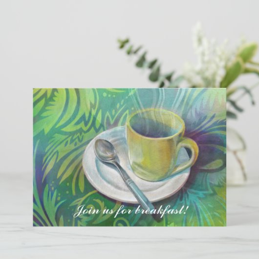 クールな類似した背景に対するコップそしてスプーン 招待状 (スタンド正面)