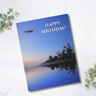 クールな飛行機と湖の写真、楽しい航空の誕生日 ポストカード
