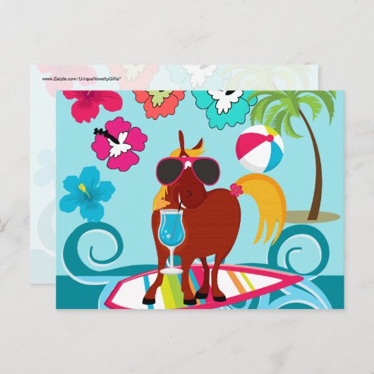 クールな馬のサーファーの男の夏のおもしろいのビーチのパーティー インビテーションポストカード (正面/裏面)