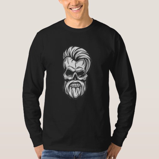 クールな髪の髭と口髭のバイカースカル Tシャツ (正面)