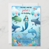 クールな魚たちと青い海のイルカとサメの1歳の誕生日 招待状 (正面)