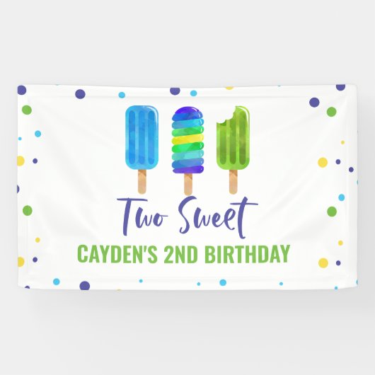クールな２歳の誕生日 アイスバー ブルー グリーン 横断幕 (横)