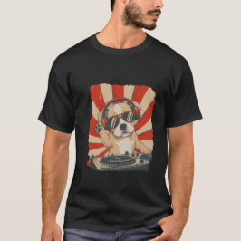 クールなDJ犬Tシャツ、ヘッドホンをつけたおもしろ犬 Tシャツ