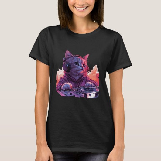 クールなDJ猫のTシャツ、面白い猫のTシャツ Tシャツ (正面)