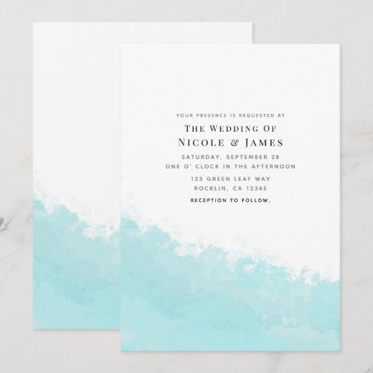 クールアクアブルーウェーブスプラッシュビーチウェディング 招待状 (正面/裏面)
