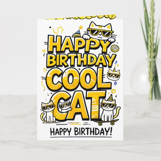クールイエローシェード誕生日カード付き猫 カード (正面)