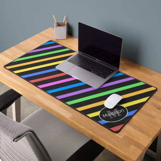 クールカラフルレトロストライプ幾何学的モノグラム デスクマット (オフィス2)