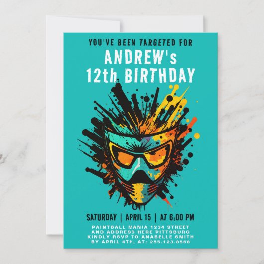 クールカラフル(ばちゃばちゃ)跳ねる10代のターコイズ 招待状 (正面)