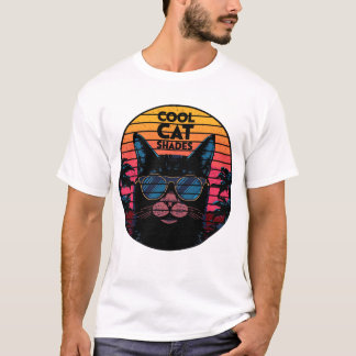 クールキャットサングラス ビンテージシンセウェーブサンセットアート Tシャツ
