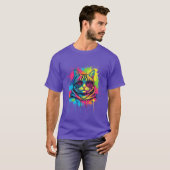 クールキャットストリートアート - ネオンに輝く猫 Tシャツ (正面フル)