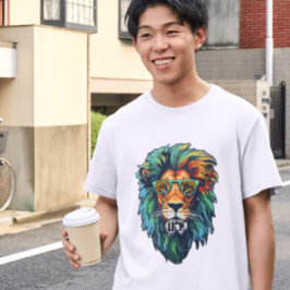 クールキング - カラフルなライオンのサングラスのデザイン Tシャツ