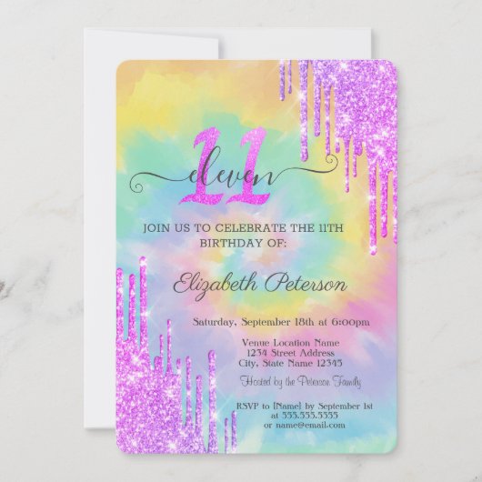 クールグリッタードリップ絞り染め11誕生日 招待状 (正面)