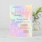 クールグリッタードリップ、ドレスホログラフィックスウィート16 招待状 (スタンド正面)