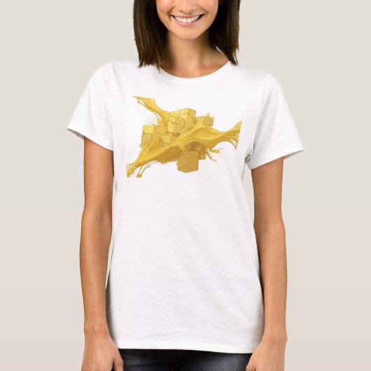 クールゴールド抽象キューブファッションアート Tシャツ (正面)