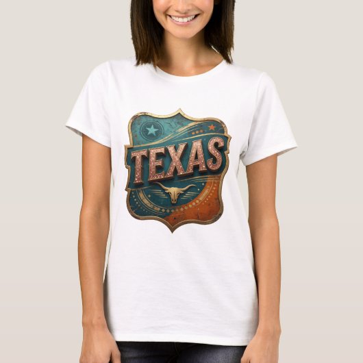 クールゴールドTEXAS 3Dテキストアート Tシャツ (正面)