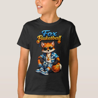 クールサマーバスケットボールフォックス キッズTシャツ | かわいいトロピカル Tシャツ