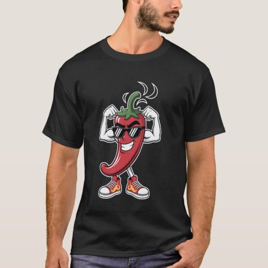 クールサングラスで筋肉を誇示する激辛唐辛子 Tシャツ (正面)