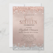 クールシルバーグリッターが滴るローズゴールド スイート16 招待状 (正面)