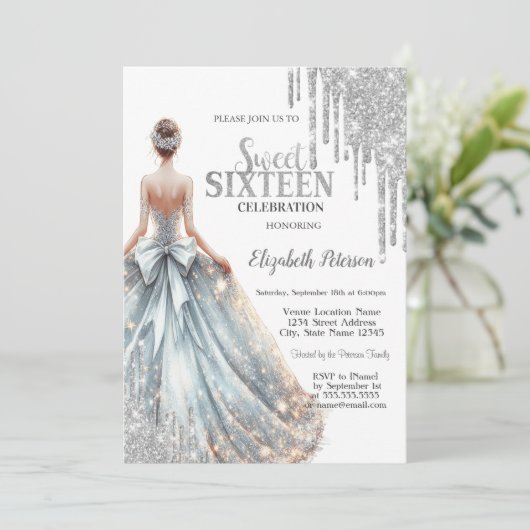 クールシルバーグリッター垂れ、女の子ドレス スイート16 招待状 (スタンド正面)