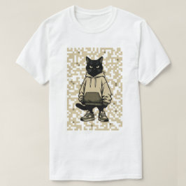 クールストリートウェア 黒猫のパーカー姿: ピクセルアート迷彩 Tシャツ