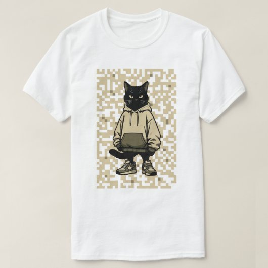 クールストリートウェア 黒猫のパーカー姿: ピクセルアート迷彩 Tシャツ (デザイン正面)