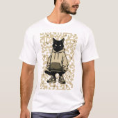 クールストリートウェア 黒猫のパーカー姿: ピクセルアート迷彩 Tシャツ (正面)