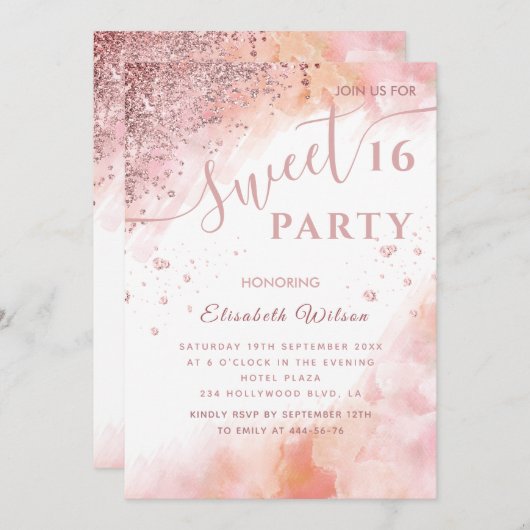 クールダイヤモダンモンド高級バラ金ゴールドスウィート16 invi 招待状 (正面/裏面)