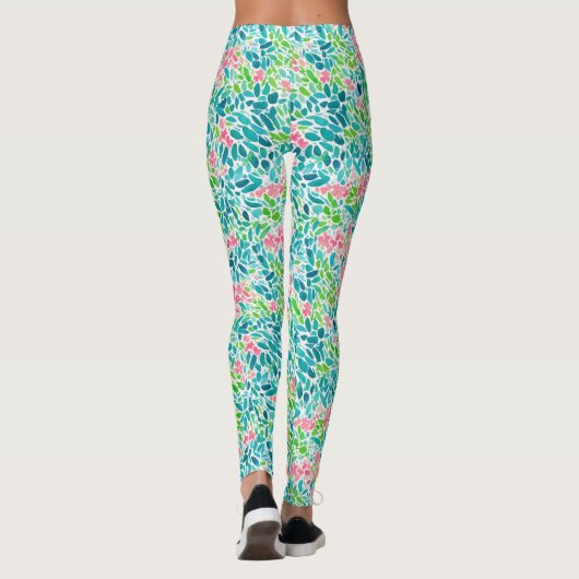 クールティール（緑がかった色）フローラ植物水彩模様 レギンス (裏面)