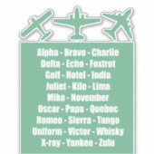 クールティール（緑がかった色）ブルーアルファベット飛行機 シール (正面)