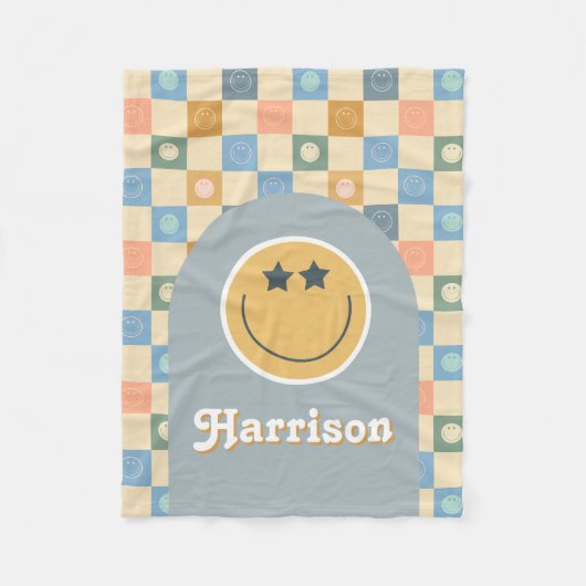 クールデュデボーイズ市松模様にレトロ70s顔 フリースブランケット (正面)