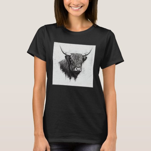 クールハイランドカウイラストブラックホーン女性 Tシャツ (正面)