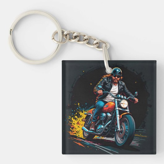 クールバイクもしくは自転車に乗る人乗用オートバイ キーホルダー (正面)