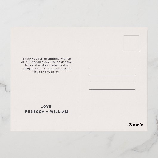 クールバラ金ゴールドダークグレイ結婚フォトありがとう 箔招待状ポストカード (裏面)