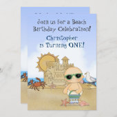 クールビーチベイビー男子1歳誕生日招待状 招待状 (正面/裏面)