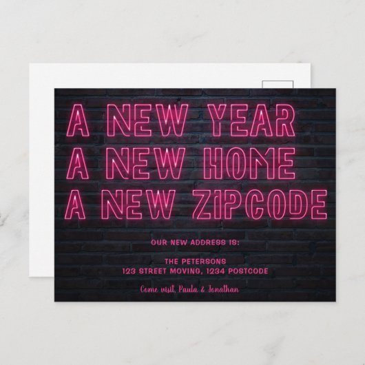 クールピンクのネオンのサイン新しいホーム発表 案内ポストカード (正面/裏面)
