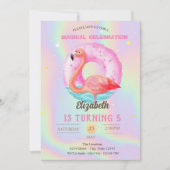 クールピンクのホログラフィック フラミンゴ プールフロート 招待状 (正面)