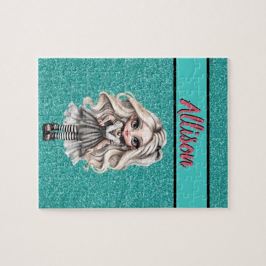 クールファッションガールターコイズグリッターパーソナライズされた ジグソーパズル (横)